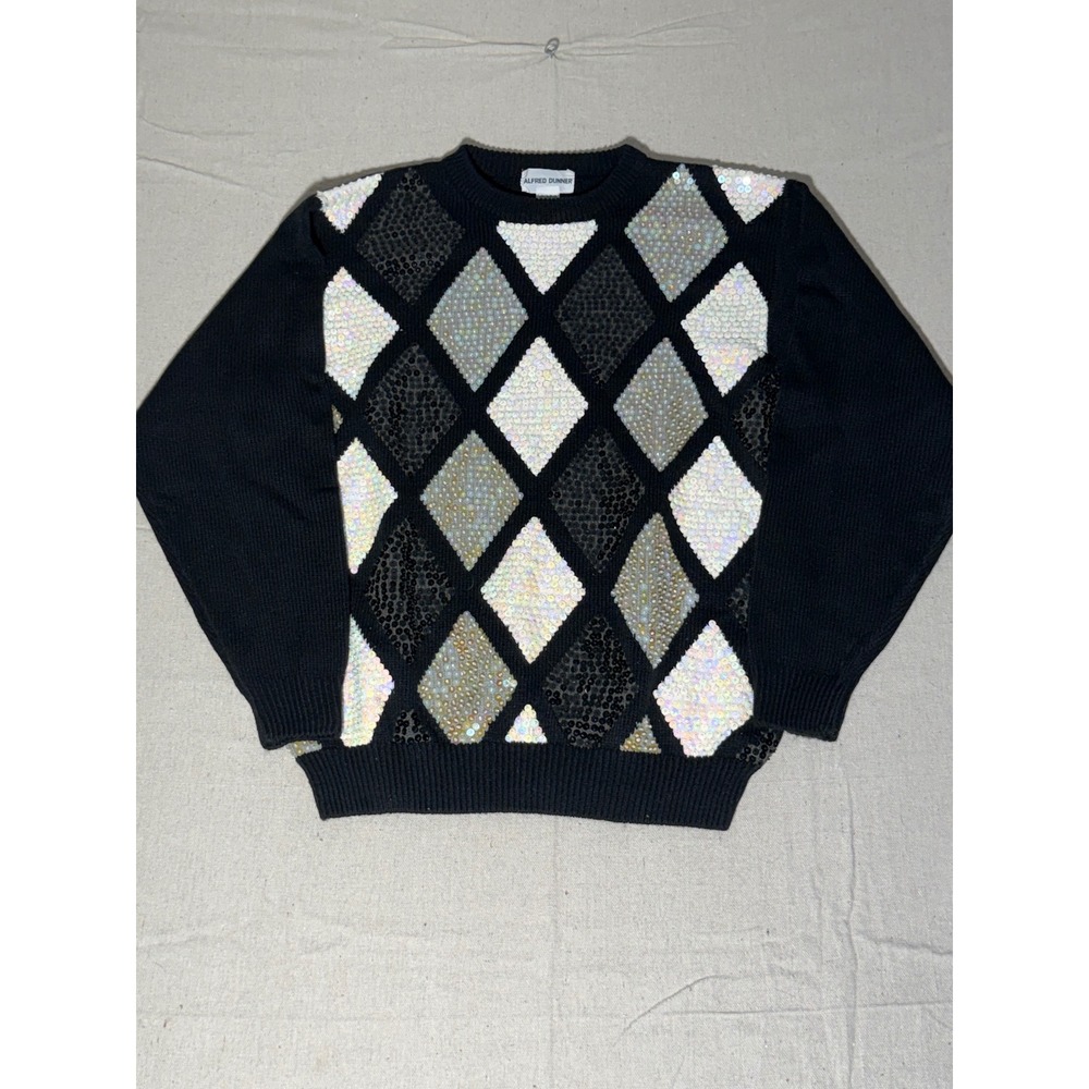 Alfred Dunner Womens Argyle Sequin Beaded Knit Sweater Black Large